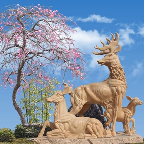 现货石雕雕塑大理石晚霞红雕塑定做麋鹿梅花鹿招财鹿摆件石雕雕塑