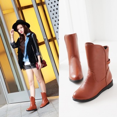 韩版休闲秋冬季女鞋中靴平底低跟半靴中筒靴子学生孕妇鞋舒适防滑