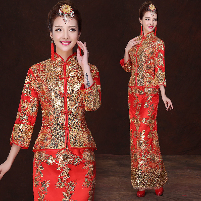 新娘结婚红色礼服敬酒服 中式婚礼长袖旗袍秀禾服龙凤褂 复古嫁衣