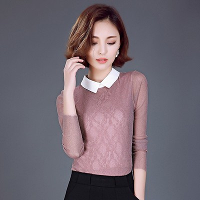 2016新款春夏装女装透视装撞色翻领纱网接拼蕾丝衫打底衫小衫t恤