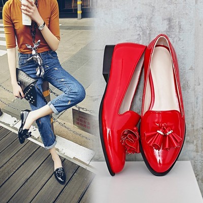 2016春季漆皮平底流苏单鞋英伦风复古圆头平跟小皮鞋红色真皮女鞋