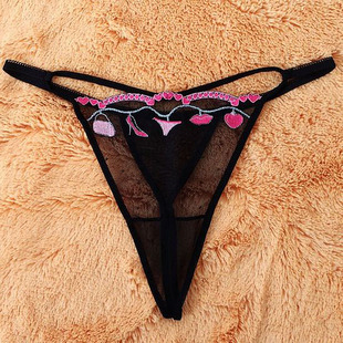 丁字裤 铃兰花亭黑色刺绣内裤 女士蕾丝诱惑网纱透明丁字裤 性感情趣