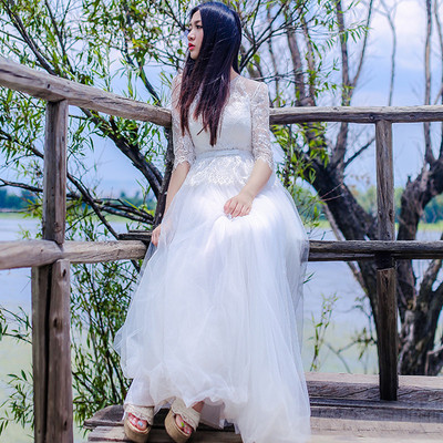 [秋冬上新] 2015秋季新款白色仙女蕾丝网纱连衣裙修身大摆拖地长裙