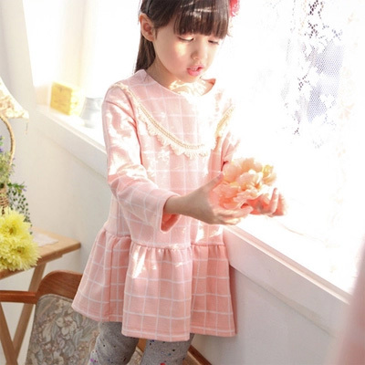 韩版女童秋冬装新款学院风圆领格子连衣裙儿童长袖裙子大童母女装