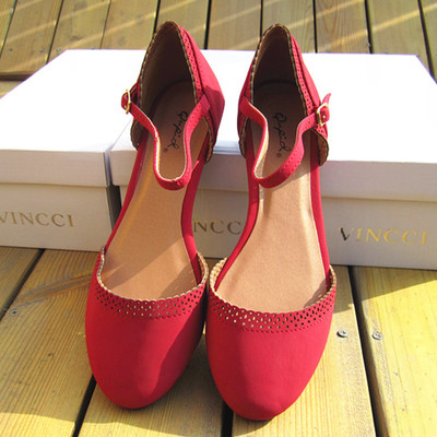 超美红色 英国原单 平底女鞋凉鞋单鞋 镂空公主波浪边装饰