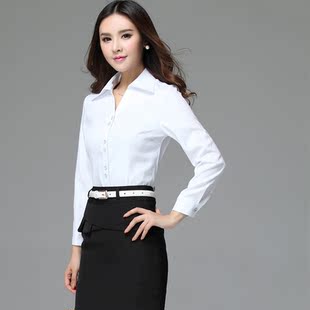 【特价】高端v领女性白领商务ol白色衬衣长袖翻领粉蓝色暗条纹工作服