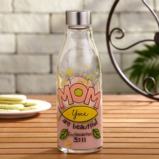 evergreen印花玻璃瓶密封防漏耐高温大容量杯子牛奶杯果汁瓶600ml