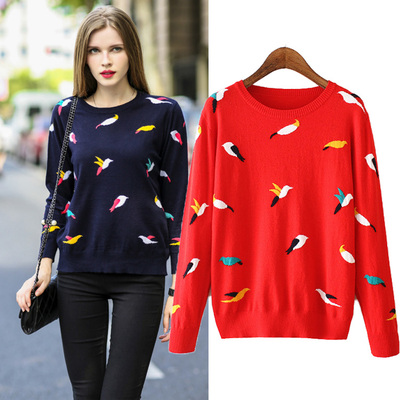 2015秋冬新款欧美风街头范女装小鸟图案长袖圆领套头针织衫毛衣女