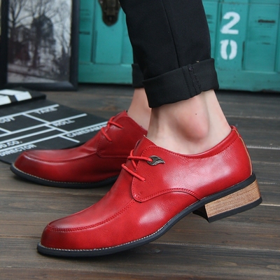 [新品狂欢] 新年喜庆红鞋子春季男士尖头系带粗跟休闲皮鞋韩版发型师