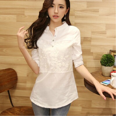 春夏女装新款韩国版大码修身白色中袖棉麻衬衣欧根纱上衣白衬衫女