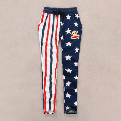 2015冬季新款大嘴猴裤子纯棉哈伦裤女韩版竖条纹拼色小脚运动长裤