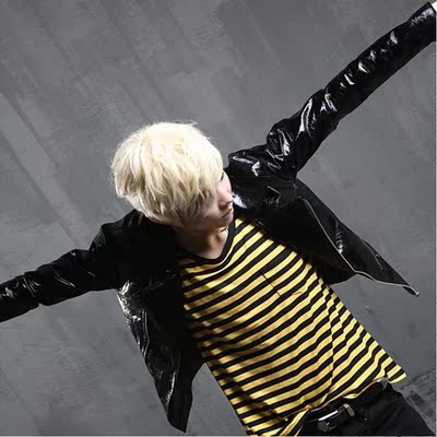 舞台男歌手演出服时尚亮皮夹克黑皮长袖修身外套夜店男djds皮外套