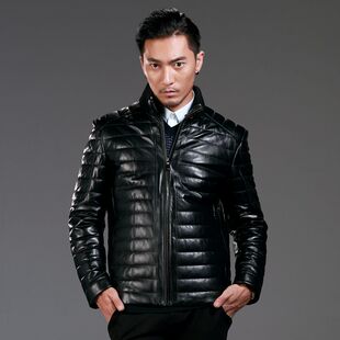 雷豹2014秋冬新款真皮羽绒服绵羊皮男针织立领单排扣男装外套海宁