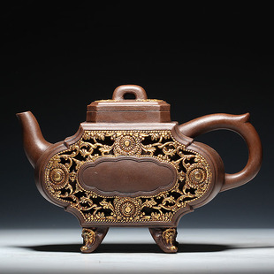 台湾回流老壶 清代独孔大茶壶 老紫泥 大品描金印版宫廷壶 保真