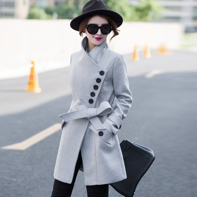 韩版修身显瘦立领收腰中长款毛呢外套呢子大衣女2015冬季新款女装