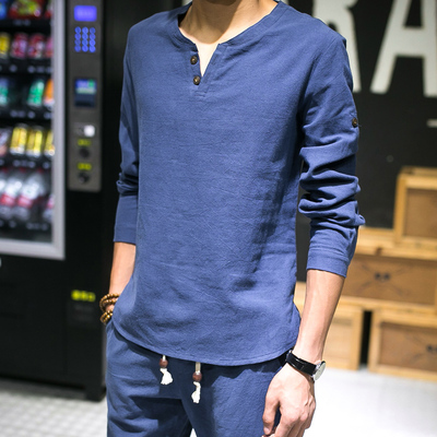 [最后一小时] 长袖t恤男夏季薄款打底衫薄款修身v领衣服潮男夏装 亚麻