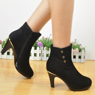 老北京布鞋时尚高跟女鞋厚绒短靴子正装黑色ol职场鞋冬靴 5719