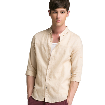 younger男装夏男七分袖棉麻衬衫水洗亚麻半袖短袖亚麻衬衣中式