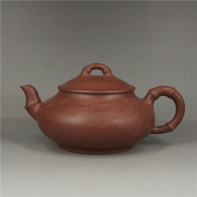 【陶砂居】宜兴原矿紫砂壶 祁星斗(石仁)刻 管能翠紫泥竹报平安