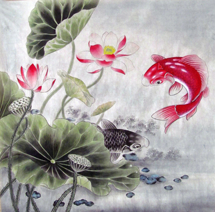 国画花鸟手绘超值四尺斗方工笔荷花鱼年年有余居家装饰画画芯未裱