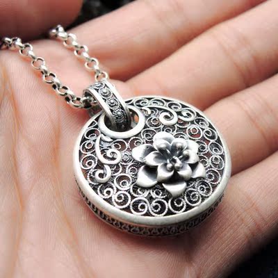 原创手工银饰99纯银花开富贵项链吊坠女款复古镂空掐丝工艺银饰品