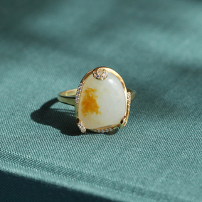 玉润百年 新疆和田玉籽料白玉原籽原石18k金镶玉戒指 906