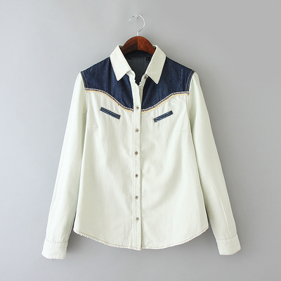 小布衣衫秋款翻领单排扣撞色拼接女士宽松纯色牛仔衬衣打底衫d2底