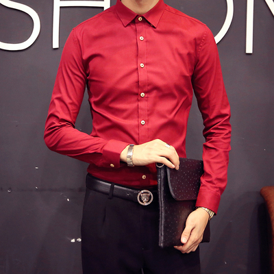 [新春促销] 春秋季男士大红色纯色纯棉长袖衬衫男韩版修身时尚结婚