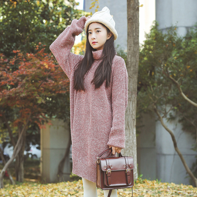 [新年价] 风晴雪/兔毛花线高领毛衣裙 女2015冬新款文艺复古宽松中长