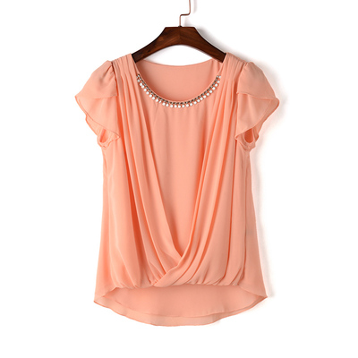 百搭 褶皱纯色圆领短袖雪纺衫花瓣袖2015夏装宽松短款女士上衣12bg570