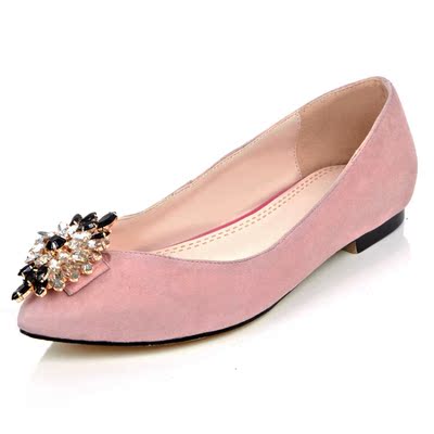 春季新款公主女鞋粉红色甜美真牛皮单鞋尖头水钻平底鞋女平跟单鞋