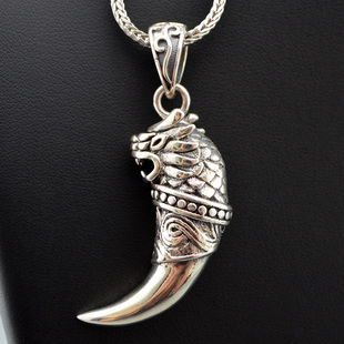 复古民族风 麻吉 360度立体925纯银大龙牙男士霸气项链吊坠