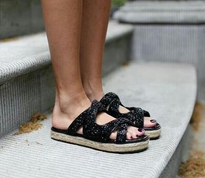 2015夏季热款 jc奢华满钻麻绳边 真皮垫脚黑水钻女拖鞋百搭潮款