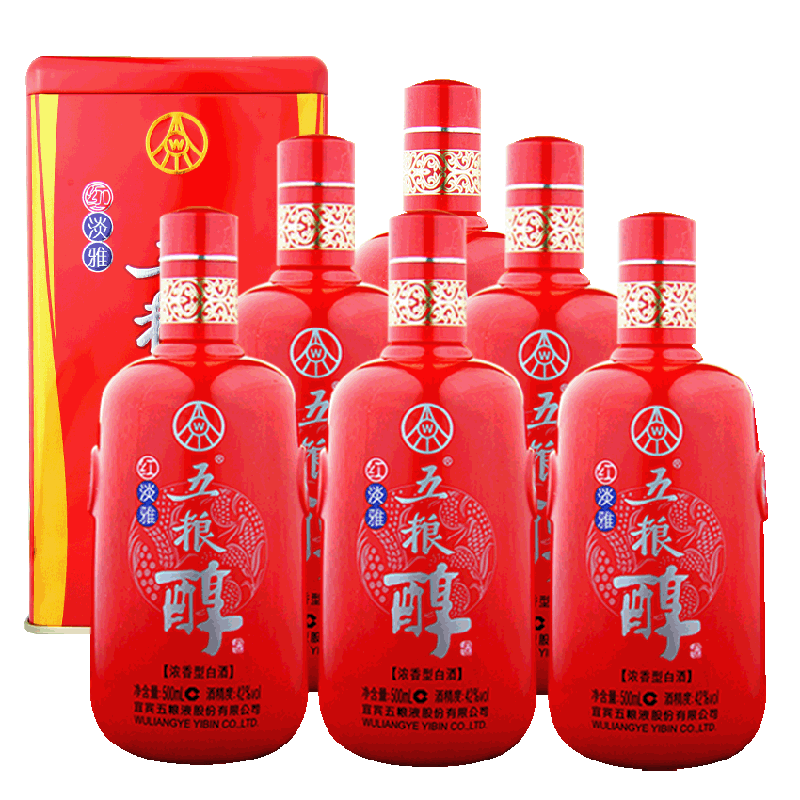 【天貓超市】 五糧液 五糧醇紅淡雅(仿陶裝)50度 整箱500ml*6瓶