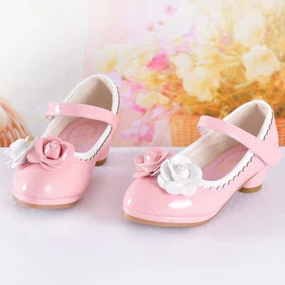 春秋新款女童皮鞋公主鞋 立体花朵儿童高跟鞋女 漆皮小孩子单鞋潮