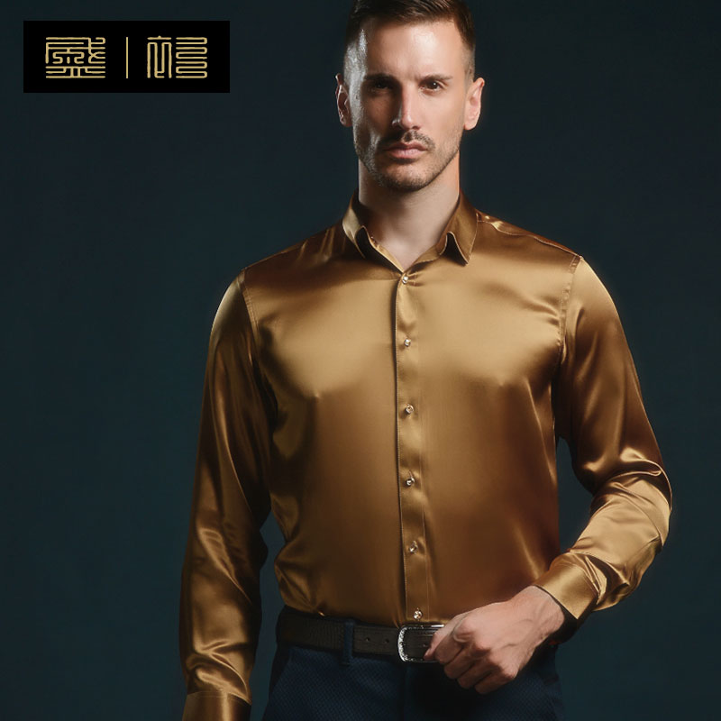 盛衫丝绸男装秋冬纯色桑蚕丝男衬衫新款素绉缎真丝金色衬衣2