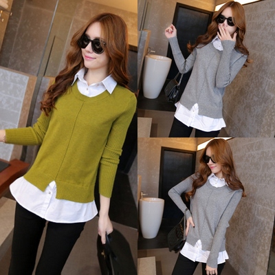 2015秋冬拼接针织衫假两件套修身翻领衬衫套头毛衣女中长款打底衫