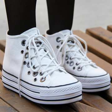 明星款时尚流行韩版非主流多孔透气复古纯色系带松糕厚底帆布女鞋