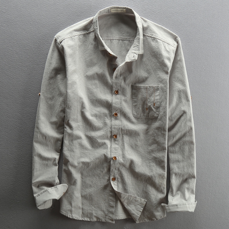 春秋新款亚麻衬衫男长袖薄款棉麻布衬衣修身水洗简约日系麻布上衣