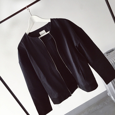 style▲韩版时尚简约双开拉链黑色水洗棉夹克潮男圆领休闲外套