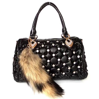 [新年价] 安璐琪2015秋冬新款菱格镶钻女包时尚狐狸毛手提斜挎单肩