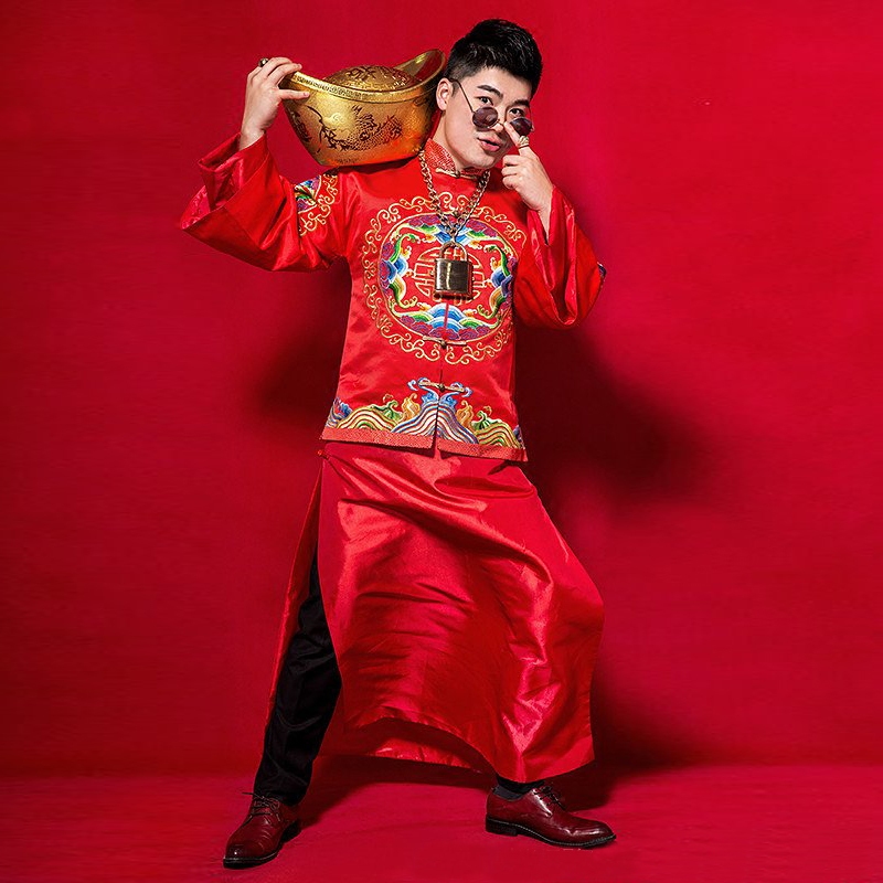 中式结婚喜服礼服唐装汉服 古装秀禾服 红色新郎龙凤褂刺绣男装