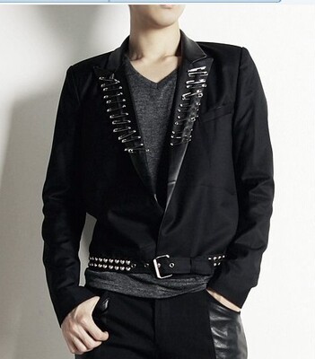 时尚都市 非主流2014秋季新款日韩版修身休闲男西装铆钉腰带潮小西服