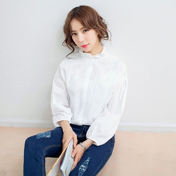 [卖家促销] 2016职业装木耳领衬衫春秋白女花边纯棉长袖立领灯笼袖中