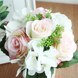 摩卡精品 玫瑰绣球仿真花束 绢花假花 新娘手捧花 婚纱摄影道具