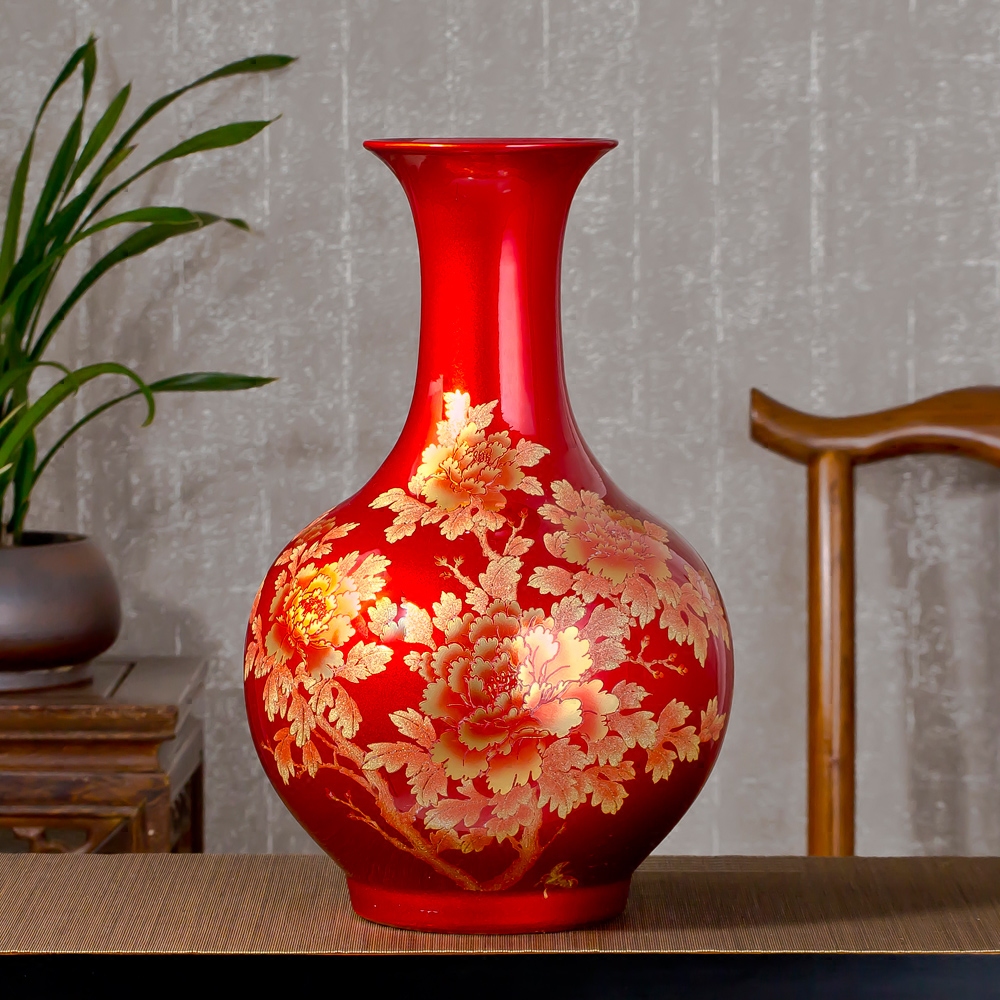 景德镇陶瓷花瓶摆件中国红水晶釉插花花瓶花器现代客厅装饰工艺品