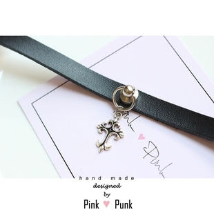 牛皮质choker黑色十字架朋克硬妹chocker锁骨链复古皮项链原宿风