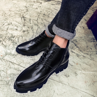 时尚韩版内增高高帮理发型师尖头皮鞋休闲潮男中帮英伦马丁短靴子