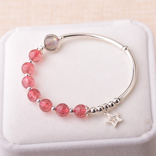 蓝格银石天然水晶手链韩版简约草莓晶手串个性星星闺蜜纯银手镯子